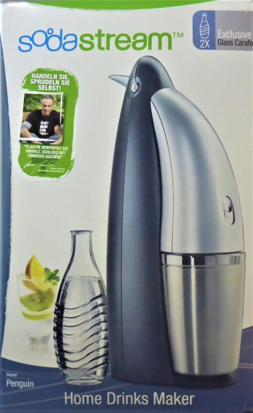 SodaStream NEU Penguin schwarz/silber Zubehör Co2 Zylinder 2x Glasflaschen